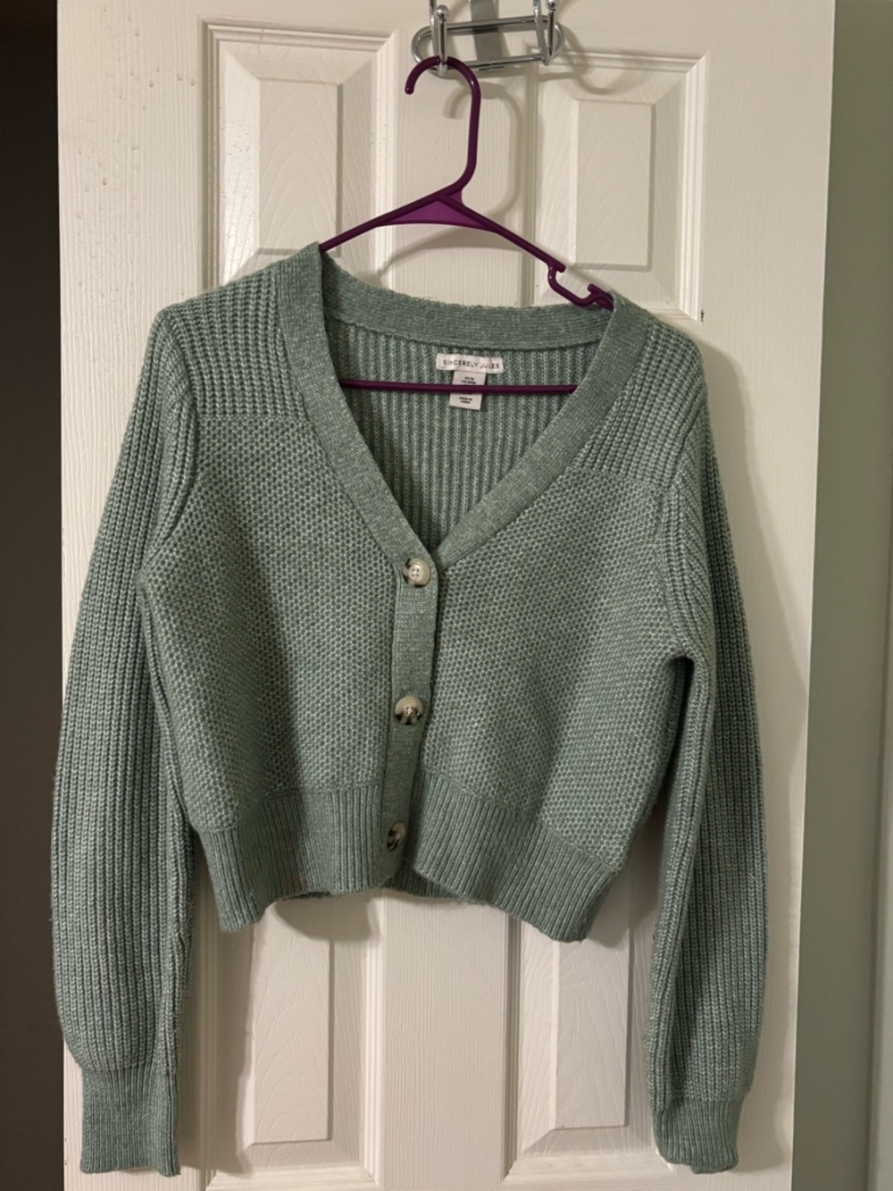 Sincerely Jules Cropped V-Neck Knit Cardigan Sweater in Sage Green